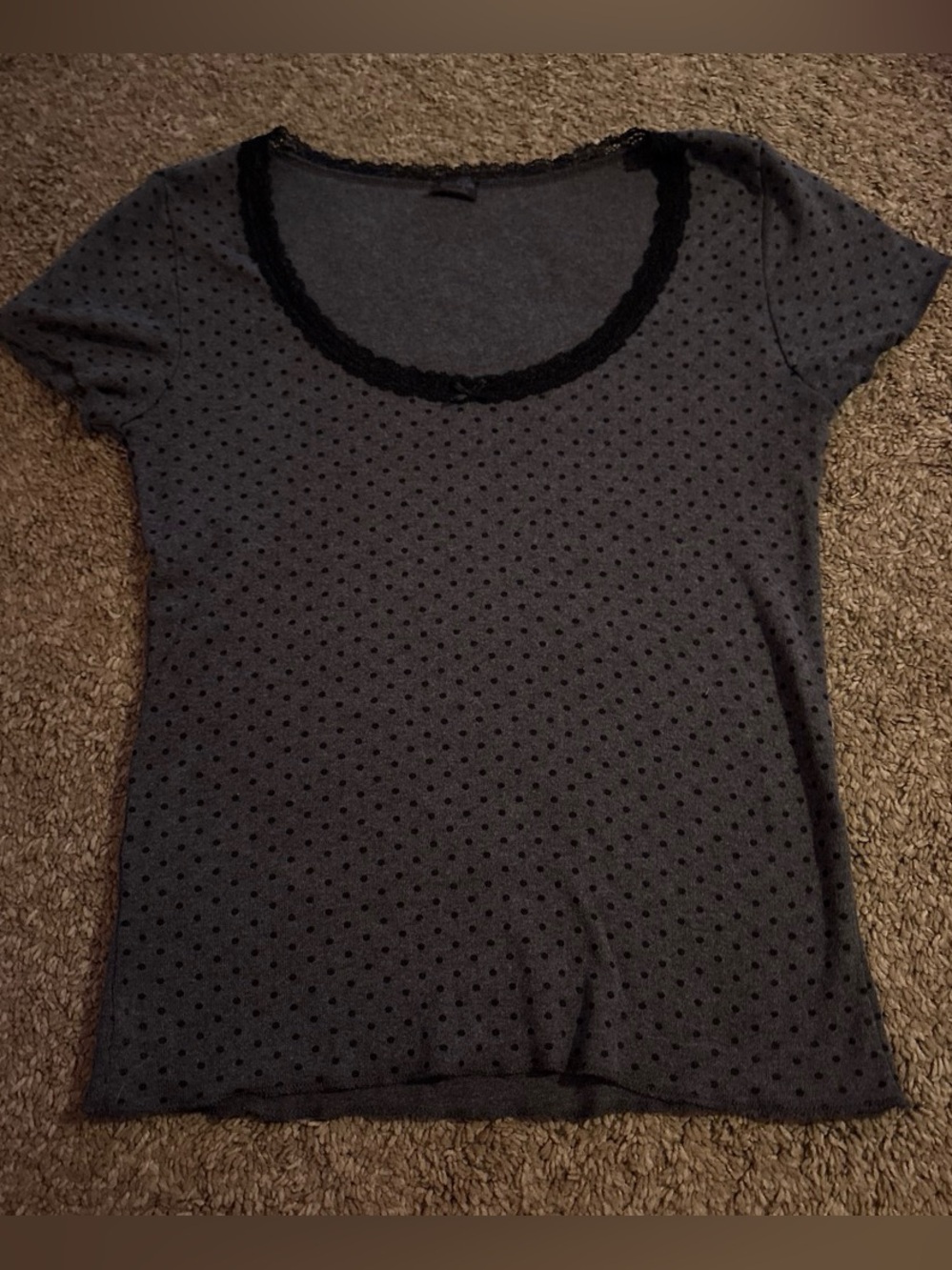 Women's Gray Polka Dot Scoop Neck Top with Black lace Trim
